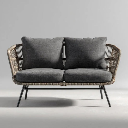 Dwuosobowa sofa ogrodowa z plecionki PE i stali, szara, 130 x 70 x 82 cm