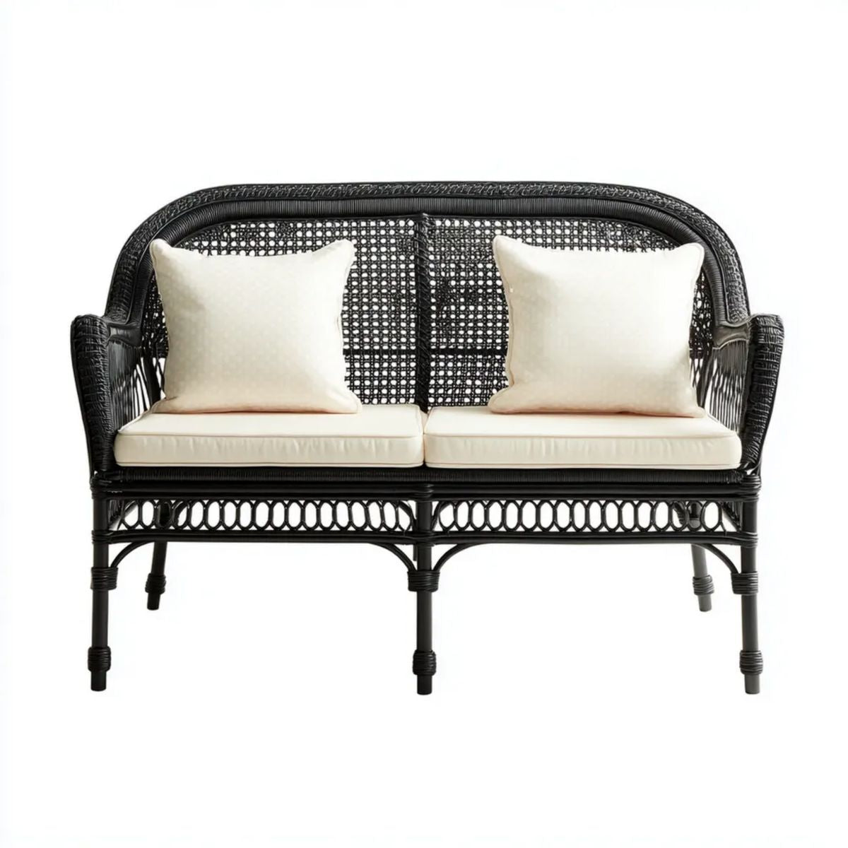 Dwuosobowa sofa ogrodowa z technorattanu PE, czarno-kremowa, 120 x 65 x 85 cm