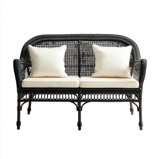 Dwuosobowa sofa ogrodowa z technorattanu PE, czarno-kremowa, 120 x 65 x 85 cm