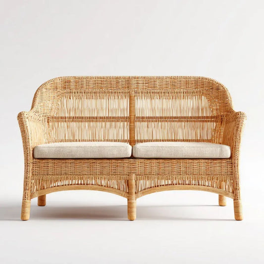 Dwuosobowa sofa ogrodowa z rattanu z beżowymi poduszkami, 140 × 70 × 95 cm