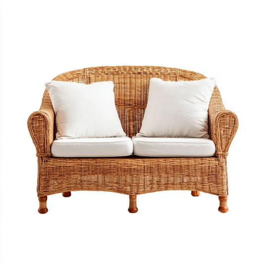 Dwuosobowa sofa ogrodowa z naturalnej wikliny, biało-brązowa, 120 × 65 × 90 cm