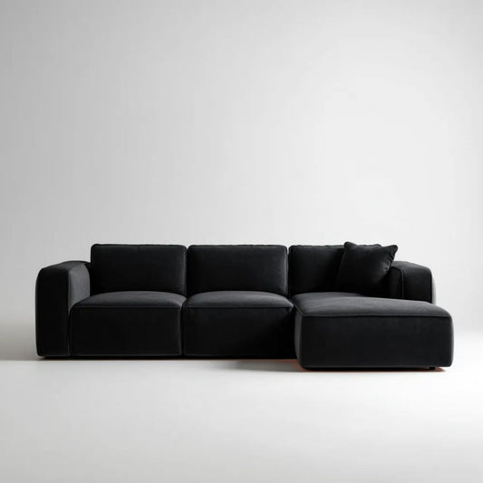 Modułowa sofa z tkaniny w kształcie L z prawostronnym szezlongiem, czarna, 300 x 160 x 72 cm