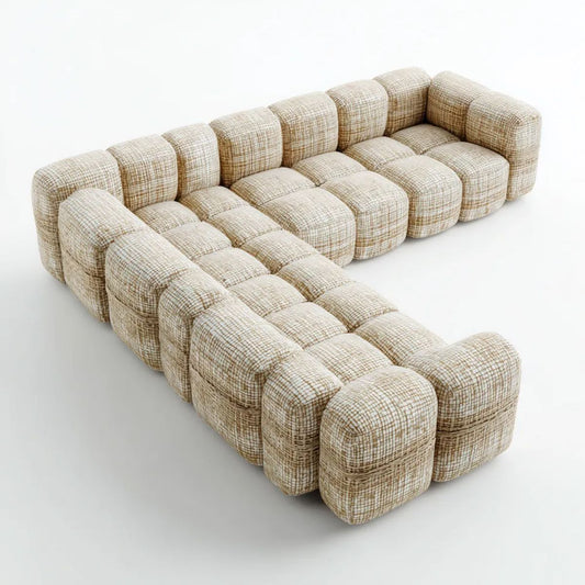 Modułowa sofa w kształcie U z tkaniny, kremowo-beżowa, 330 × 210 × 72 cm, 7 miejsc