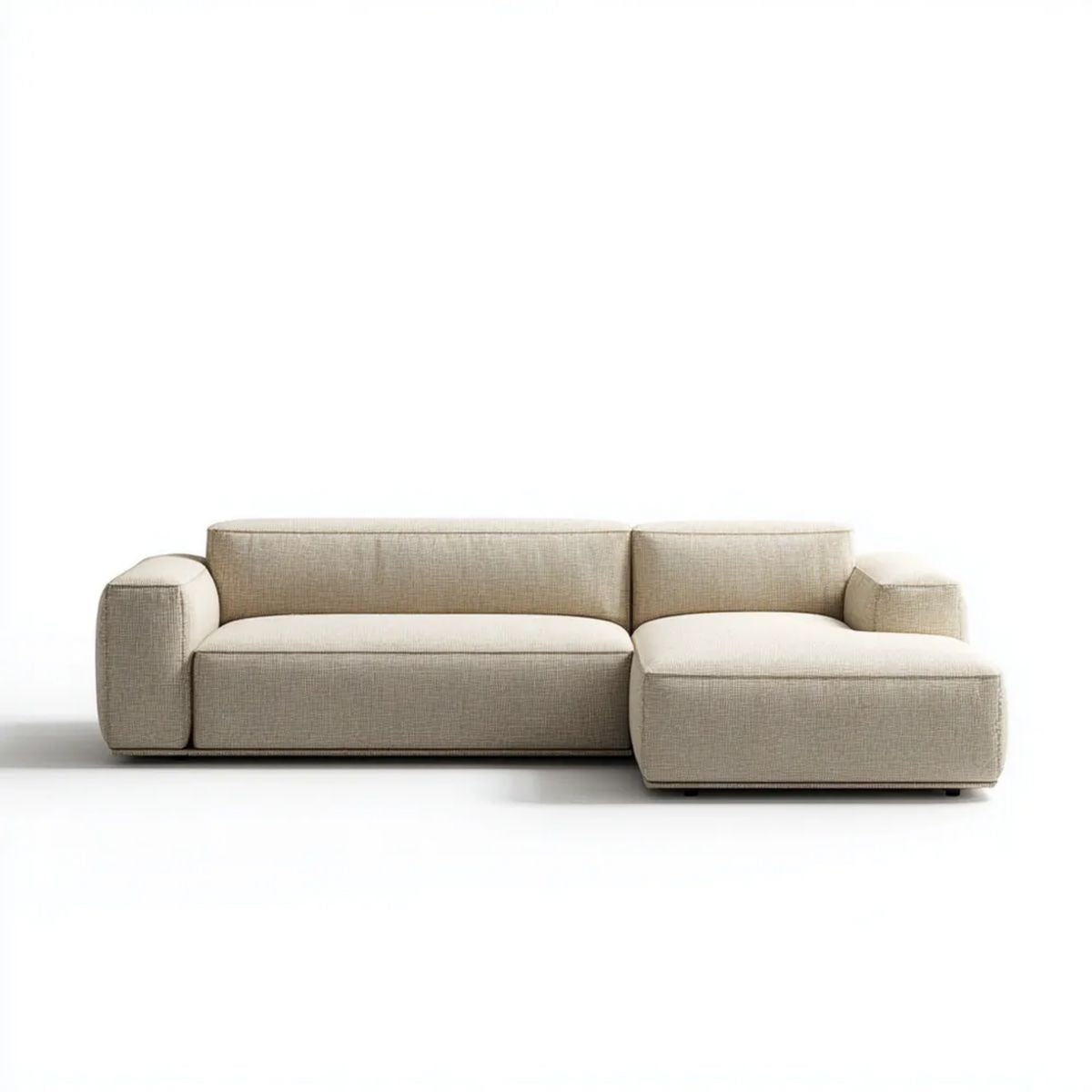Beżowa sofa narożna w kształcie L z szezlongiem po prawej stronie, tapicerka poliestrowa, 260 x 160 x 78 cm