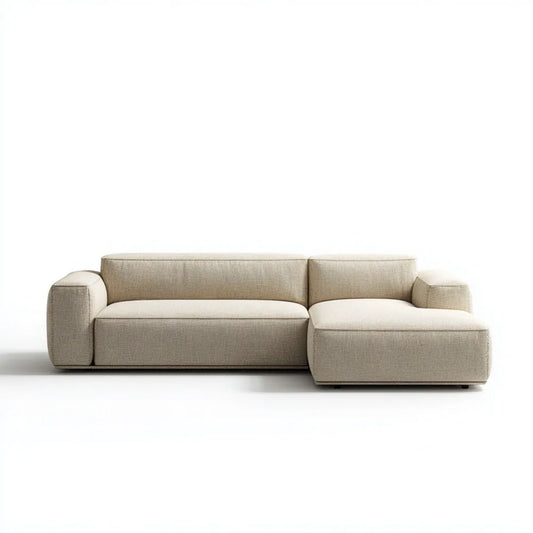 Beżowa sofa narożna w kształcie L z szezlongiem po prawej stronie, tapicerka poliestrowa, 260 x 160 x 78 cm