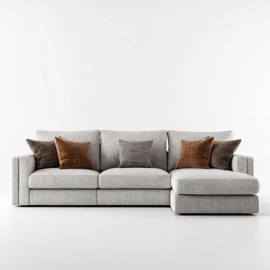 Prawostronna sofa narożna w kształcie L, jasnoszara, tapicerka poliestrowa, 280 × 165 × 85 cm
