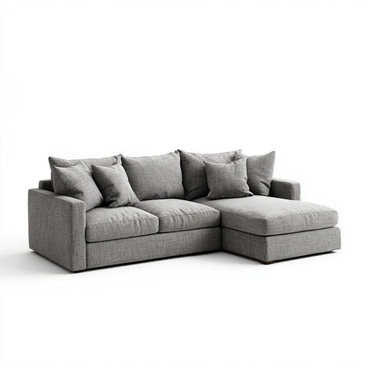 Szara sofa narożna z prawostronnym szezlongiem w kształcie L, tapicerka poliestrowa, 260 x 160 x 85 cm