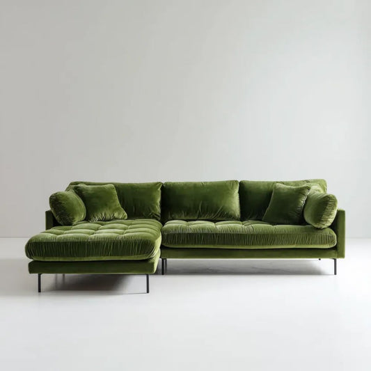 Oliwkowozielona sofa narożna z szezlongiem z aksamitu poliestrowego, 280 × 165 × 78 cm